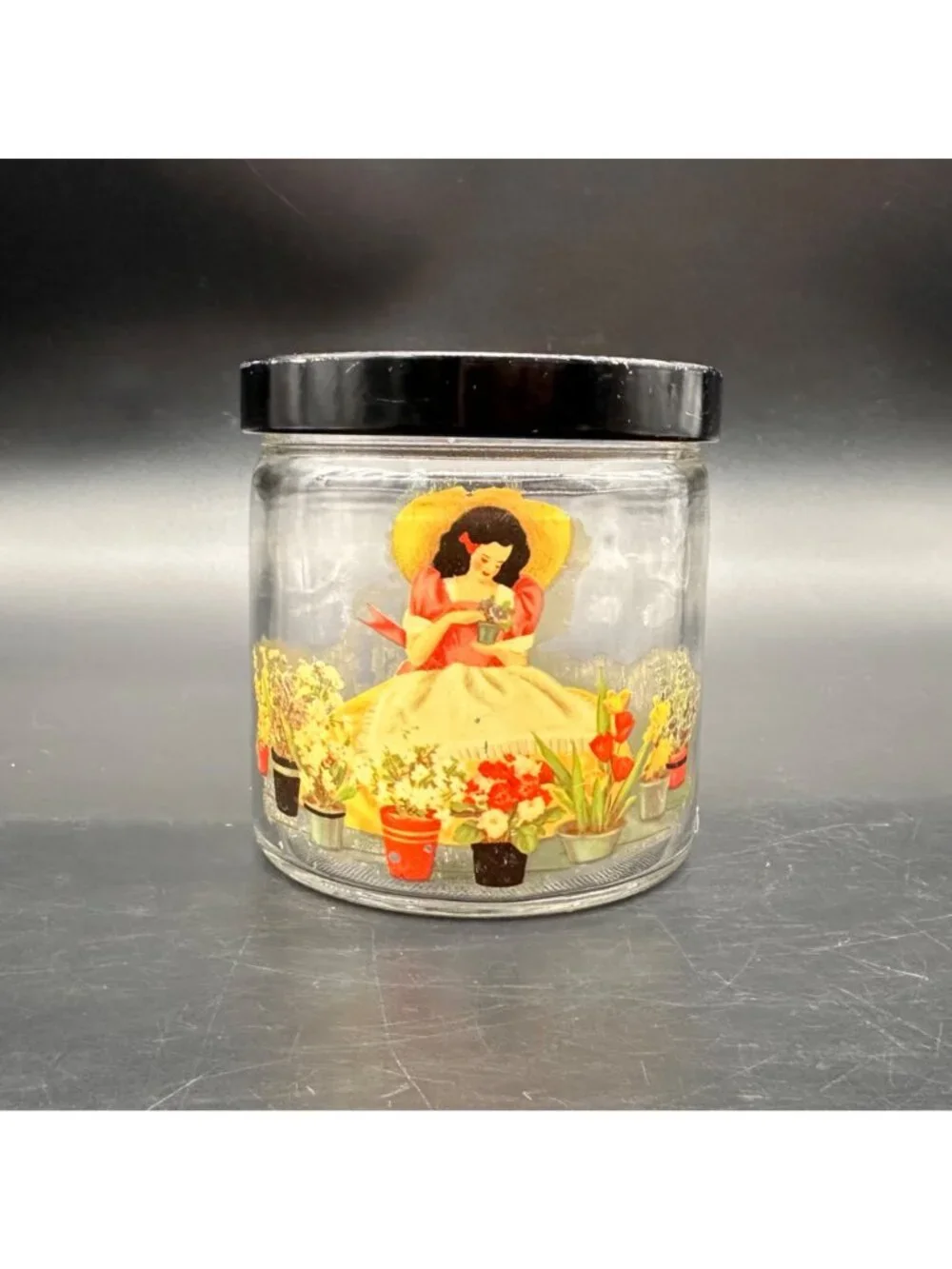 Vintage Glass Jar Black Lid Decoupage Woman Floral Garden Ball USA Mid Century